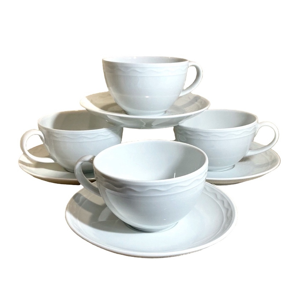 Crate&Barrel Elegant "Palazzo" Set of Four White Flat Cups and Saucers